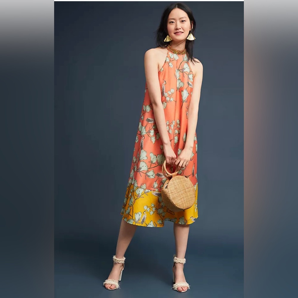 Anthropologie Beaded Silk neck holder halter dress